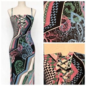 Maxi jersey geometric print tube dress- spaghetti straps corset look lacing. 4
